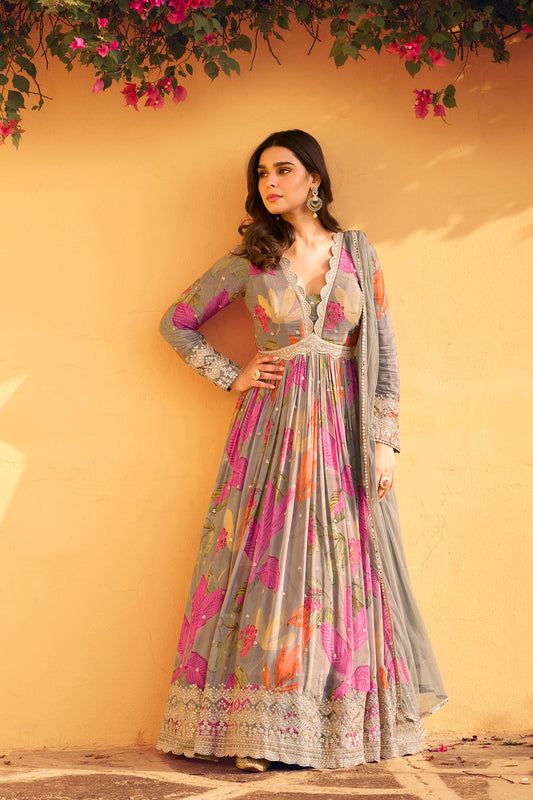 Anarkali Printed Gown Suit With Premium Chinnon Silk Dupatta For USA Customers