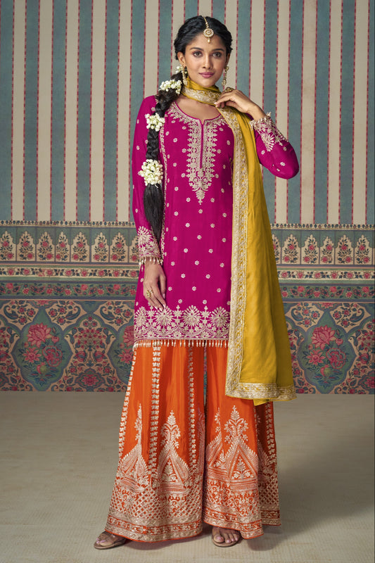 Pink color palazzo suit in Chinon silk fabric with embroidery work, offering a graceful and elegant look ideal for festive and special occasions.

