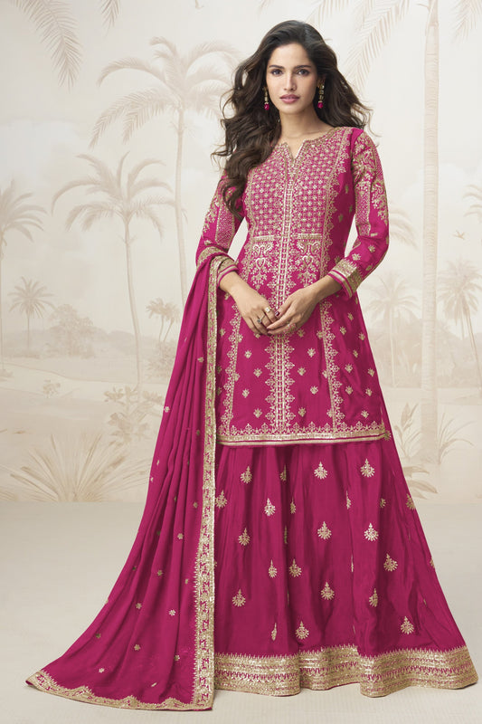 Pink color palazzo suit in Chinon silk fabric with embroidery work, bringing a soft and elegant charm to traditional celebrations.

