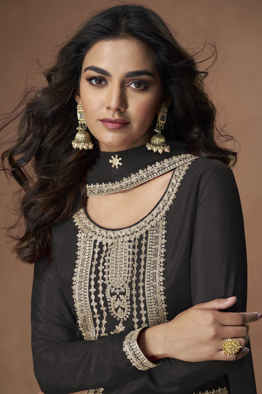 Black color palazzo suit in Chinon silk fabric with embroidery work, showcasing timeless elegance for festive and evening events.


