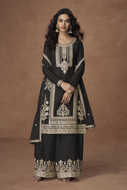 Black color palazzo suit in Chinon silk fabric with embroidery work, showcasing timeless elegance for festive and evening events.


