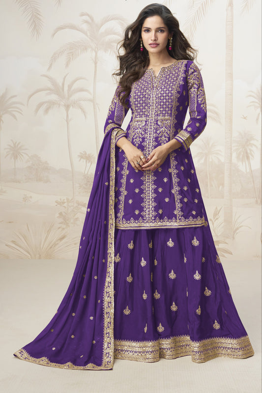 Purple color palazzo suit in Chinon silk fabric with embroidery work, featuring a graceful and royal look perfect for special gatherings.

