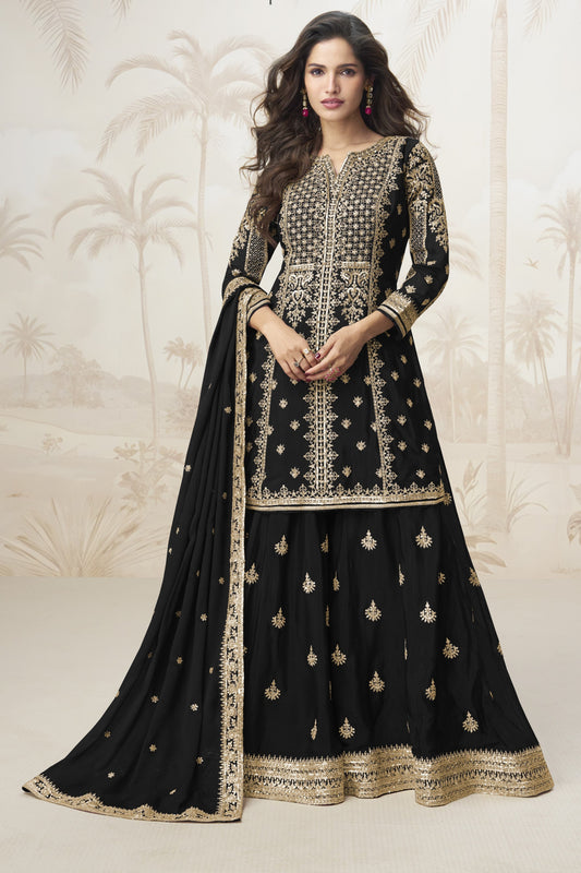 Black color palazzo suit in Chinon silk fabric with embroidery work, showcasing timeless sophistication for festive and formal events.

