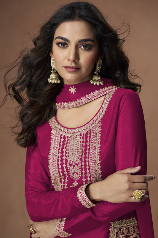 Pink color palazzo suit in Chinon silk fabric with embroidery work, offering a simple yet elegant look perfect for festive and traditional occasions.
