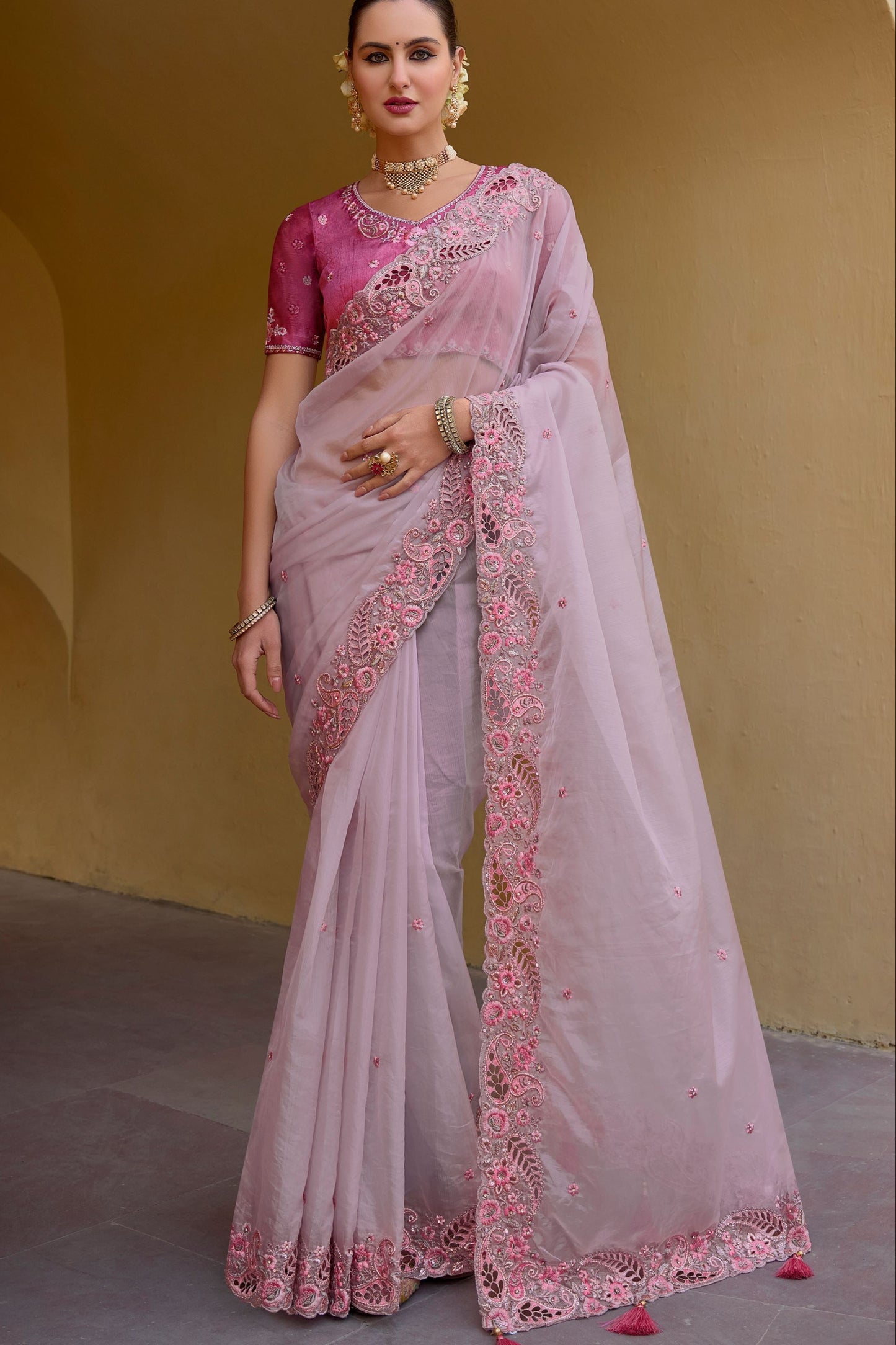 Stitched Traditional Saree Exclusive Lavender Color Embroidery Work Silk Sari With Stylish Blouse