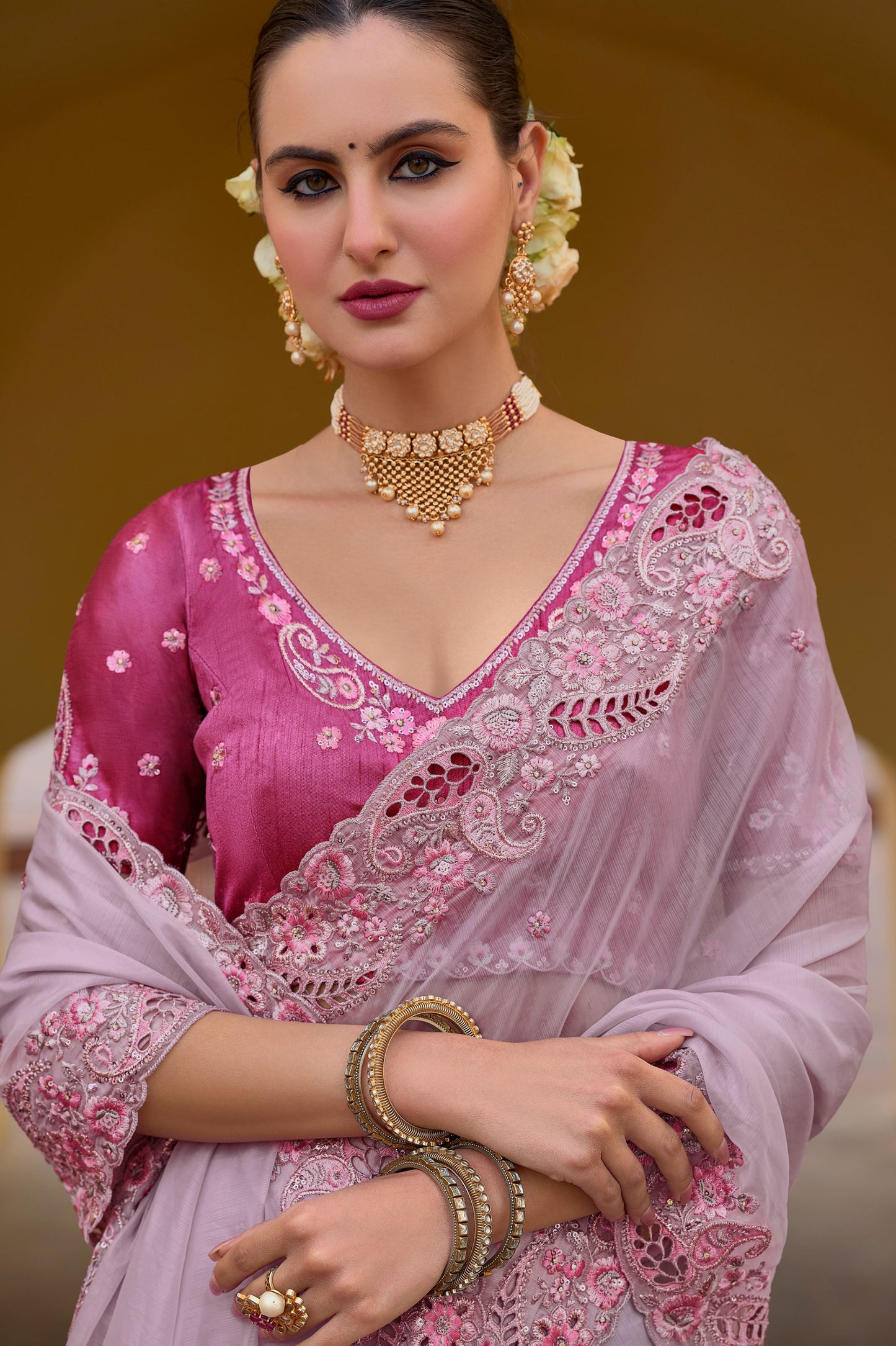 Stitched Traditional Saree Exclusive Lavender Color Embroidery Work Silk Sari With Stylish Blouse