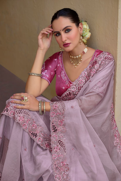 Stitched Traditional Saree Exclusive Lavender Color Embroidery Work Silk Sari With Stylish Blouse