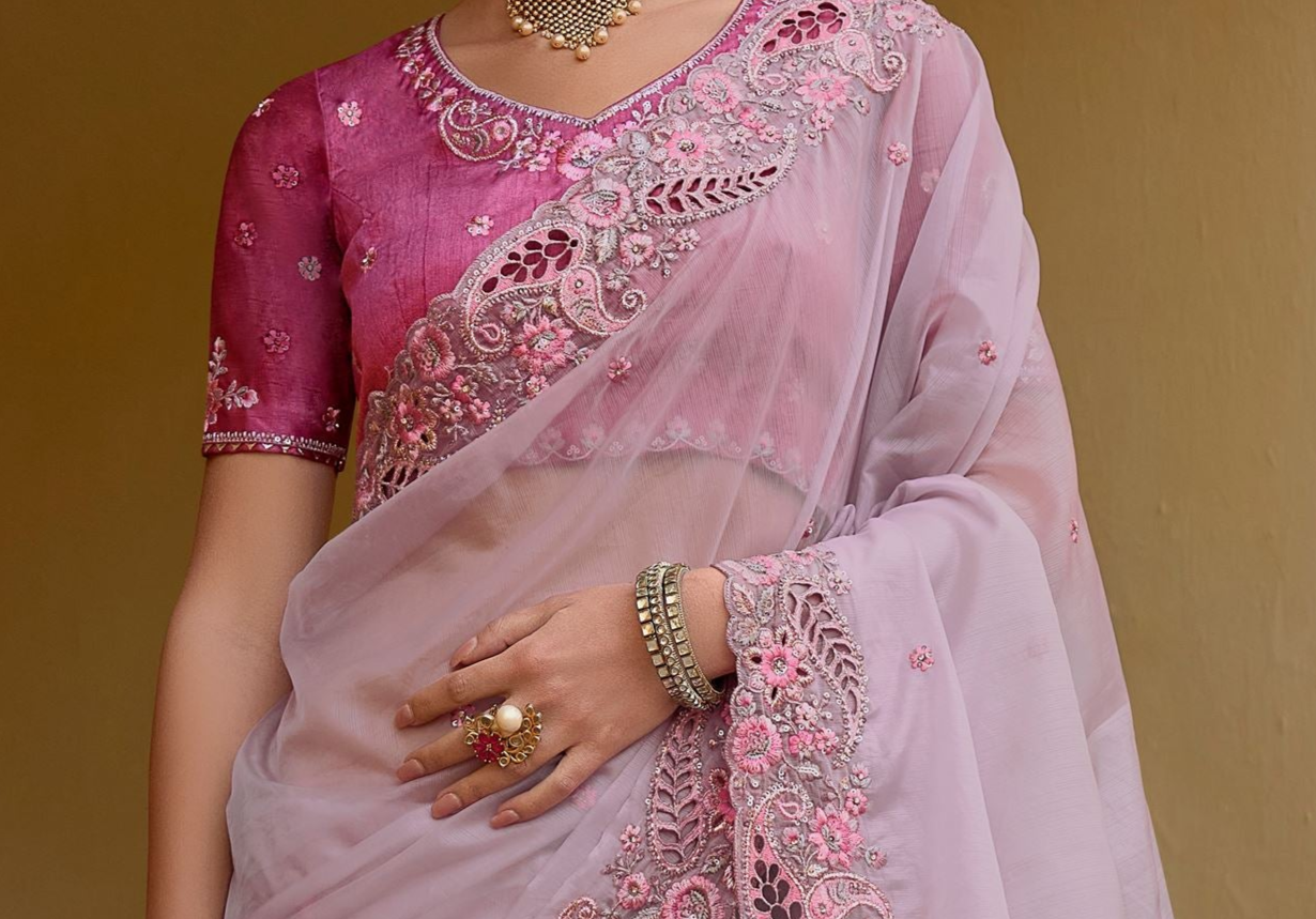 Stitched Traditional Saree Exclusive Lavender Color Embroidery Work Silk Sari With Stylish Blouse