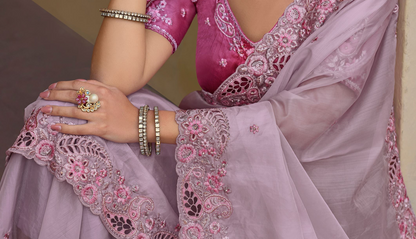 Stitched Traditional Saree Exclusive Lavender Color Embroidery Work Silk Sari With Stylish Blouse