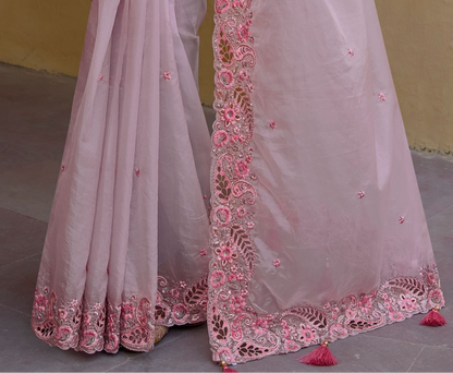 Stitched Traditional Saree Exclusive Lavender Color Embroidery Work Silk Sari With Stylish Blouse