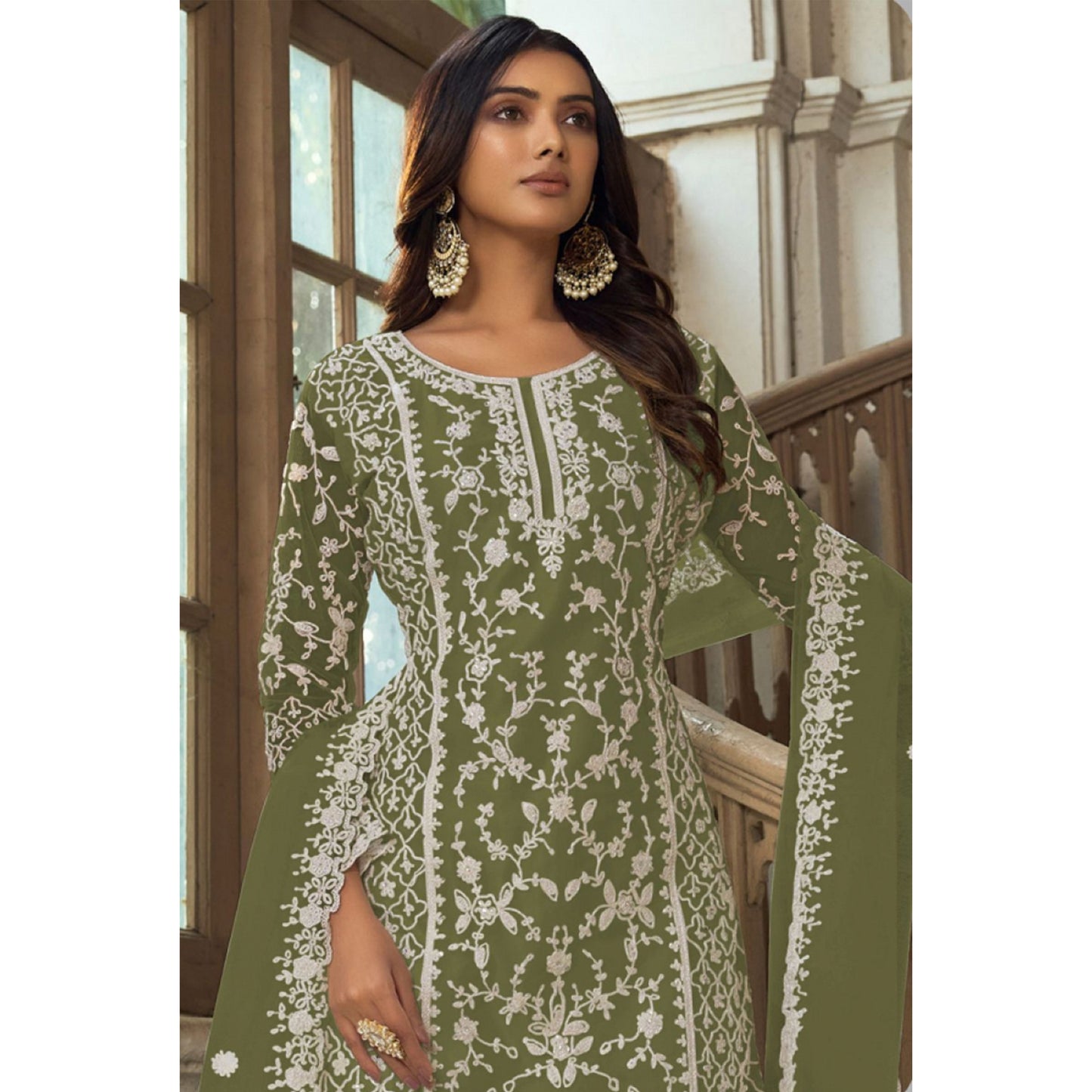 Amazing Designer Heavy Embroidery Work & Net Fabric Salwar Kameez Plazzo Suit With Cording Work Dupatta