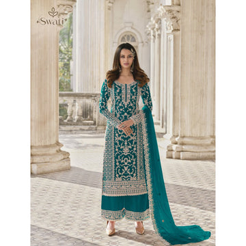 Net Fabric Wear Salwar Kameez Plazzo Suits Teal Blue Color Embroidery & Cording Work Dress