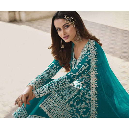 Net Fabric Wear Salwar Kameez Plazzo Suits Teal Blue Color Embroidery & Cording Work Dress