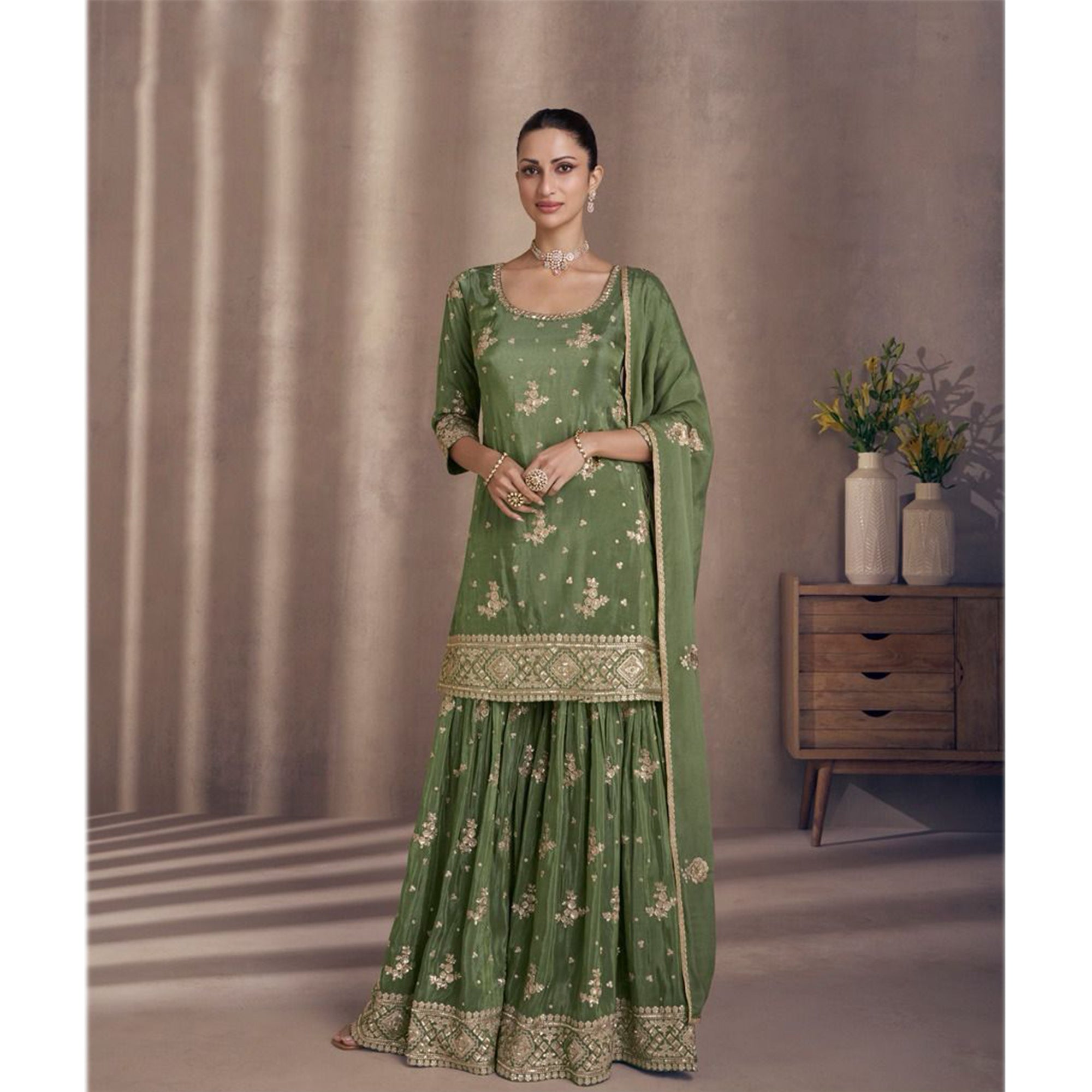 Eid Ramdan Special Chinon Silk Heavy Embroidery Work Salwar Kameez Plazzo Suit