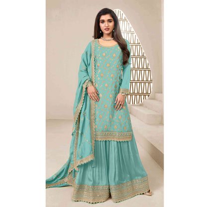 Pakistani Trendy Designer Chinon & Jacquard Embroidery Work Shalwar Kameez Plazzo Suit