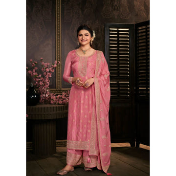 Rose Pink Designer Heavy Embroidery Work Dola Silk Salwar Kameez Plazzo suit