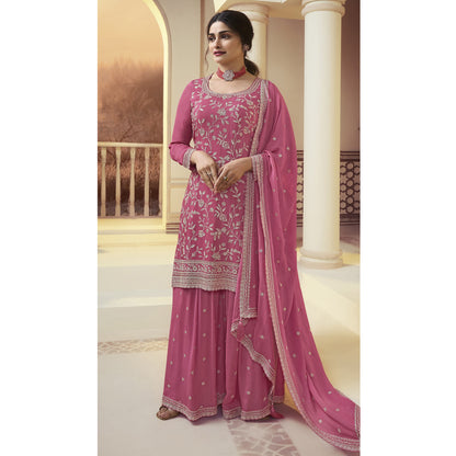 Indian Pakistani Designer Embroidery Work Salwar Kameez Palazzo Suit With Chinon Dupatta