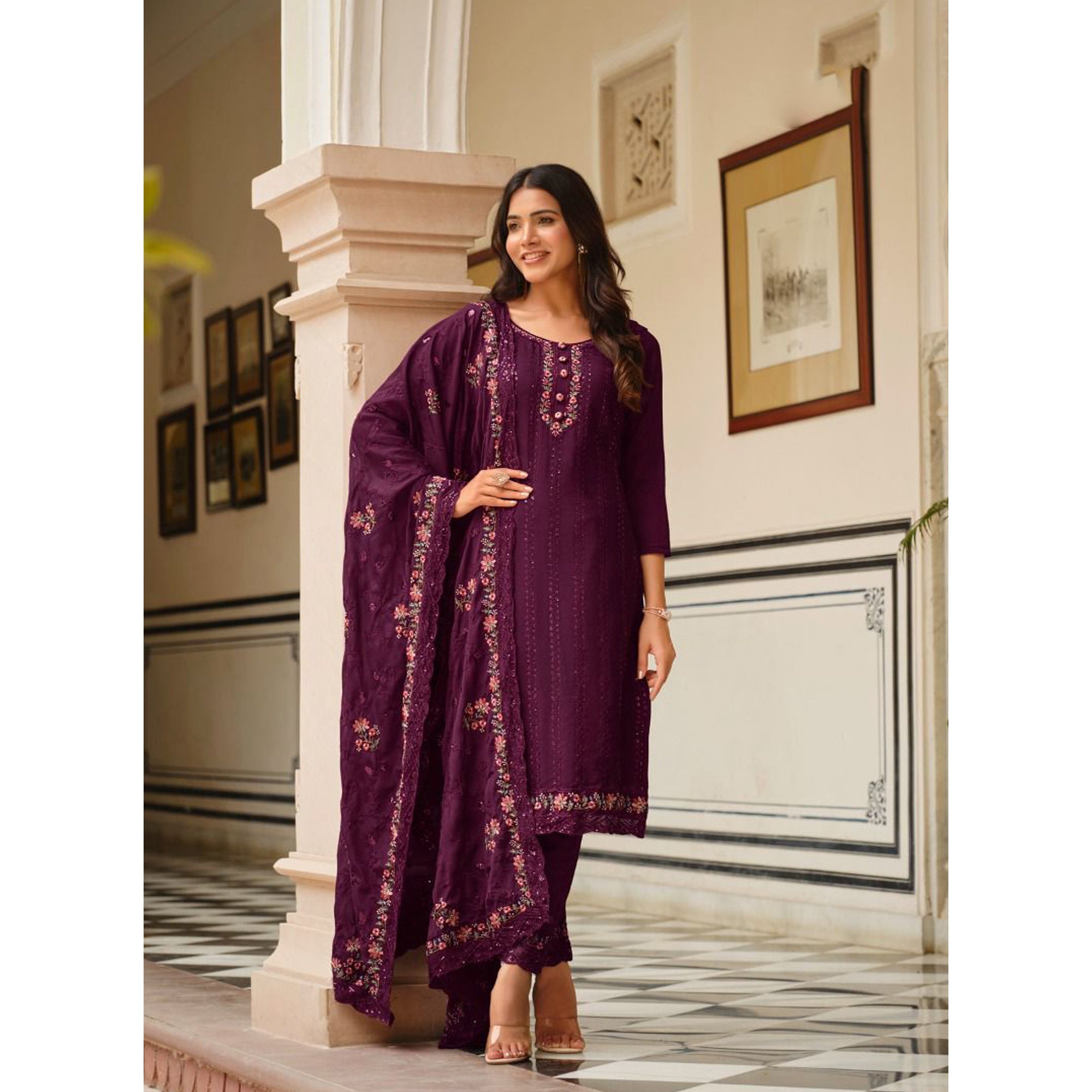 Attractive Heavy Chinon Embroidery Work Party Wear Salwar Kameez Pant Suit