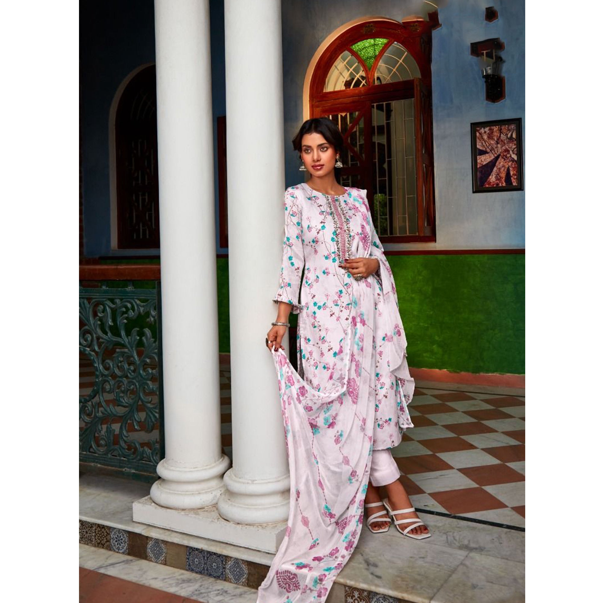 Summar Special Cotton Fabric & Embroidery Work Salwar Kameez Plazzo Pant Suit With Chiffon Dupatta