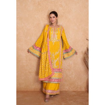 Haldi Function Wear Salwar Kameez Palazzo Suits Ready To Wear With Real Chinon Dupatta