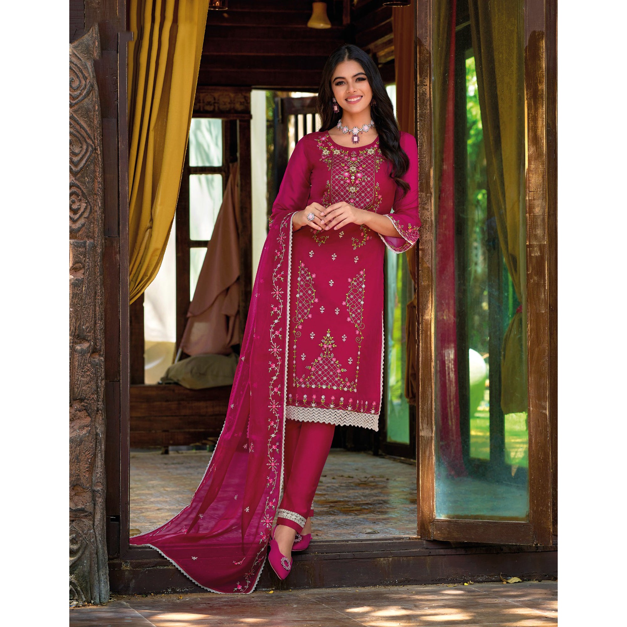Indian Ethnic Wear Organza Fabric & Sequence Work Salwar Kameez Pant Suits