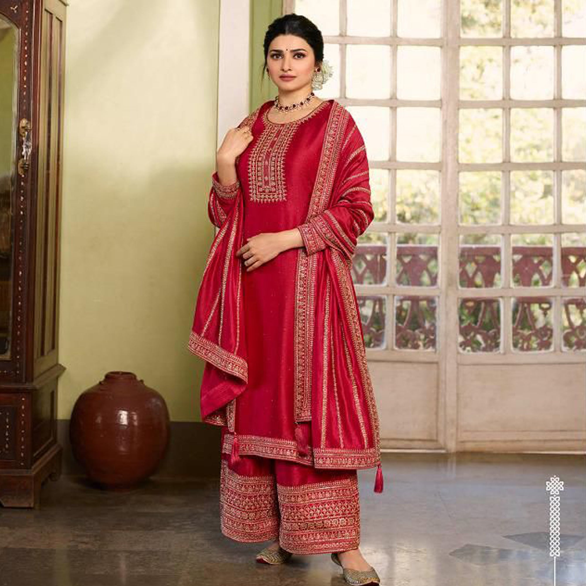 Valentine Day Special Red Color Salwar Kameez Suits Georgette Fabric Worked Plazzo Suits
