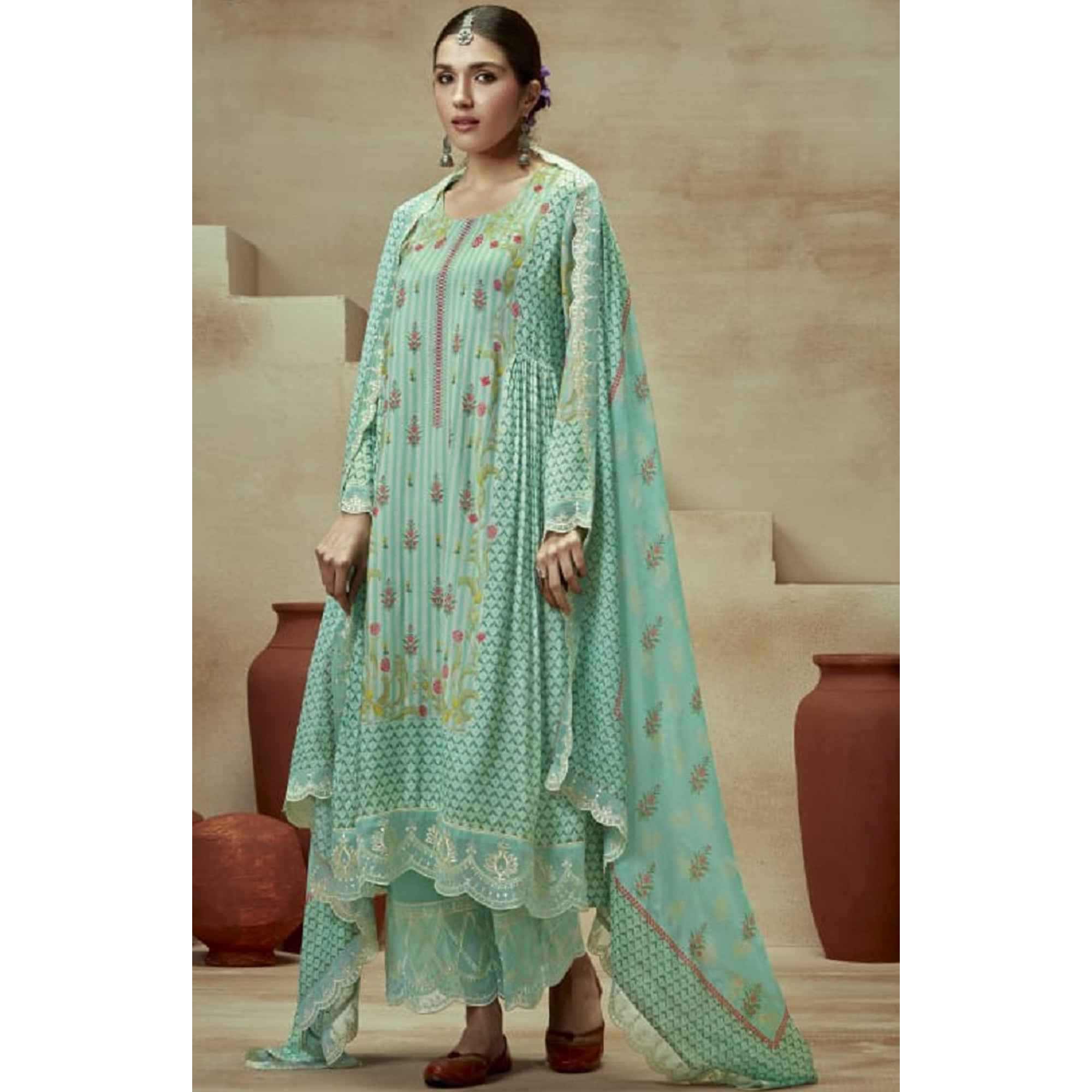 Indian Designer Digital Printed Work With Embroidery Work Shalwar Kameez Plazzo Suits