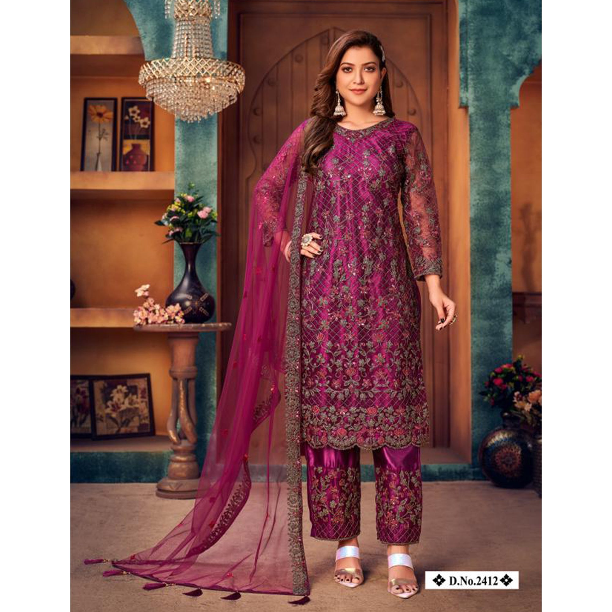 Eid Special Heavy Designer Embroidery Work Net Fabric Trouser Pant Suit