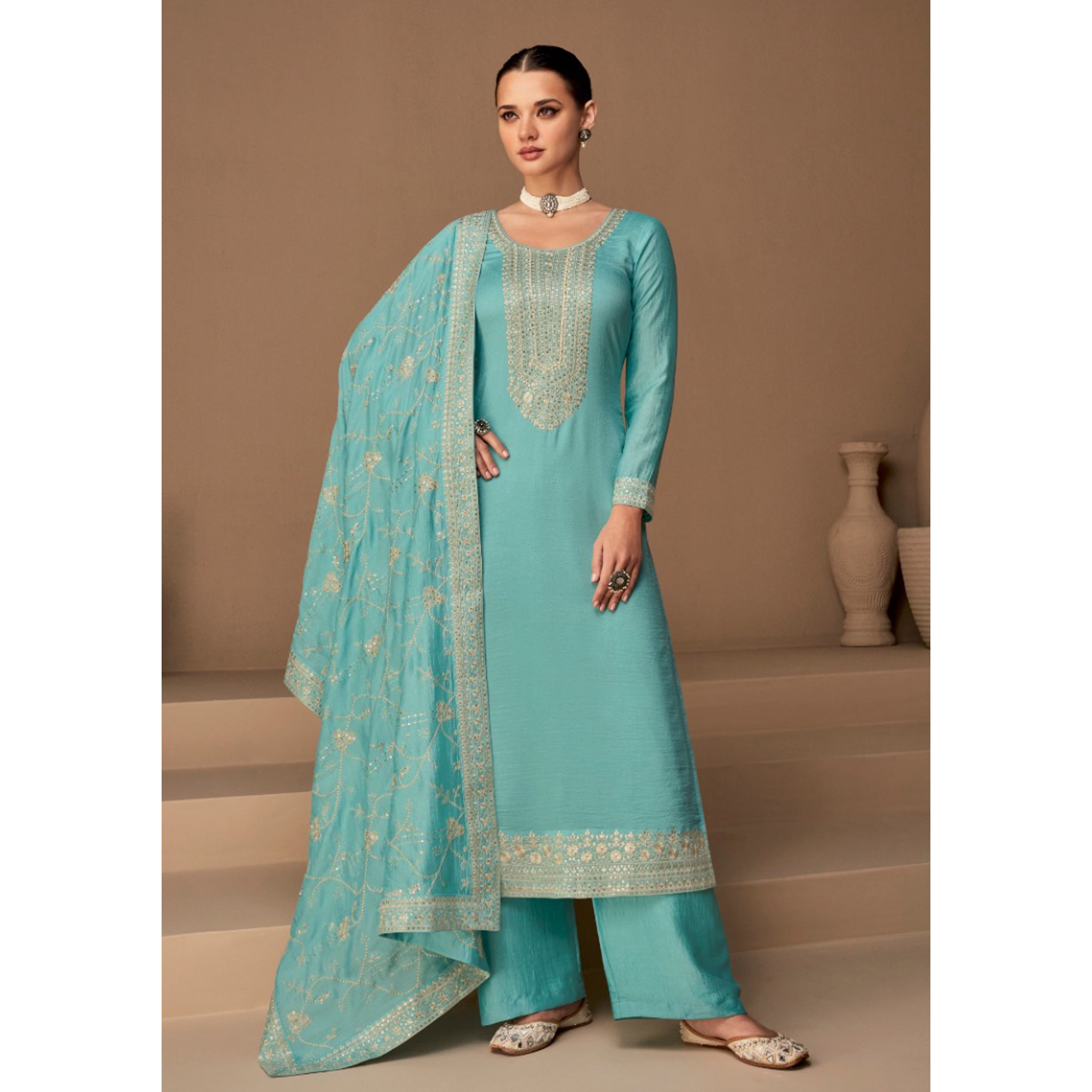 Indian Festival Wear Heavy Satoon Silk Designer Salwar Kameez Plazzo Suits