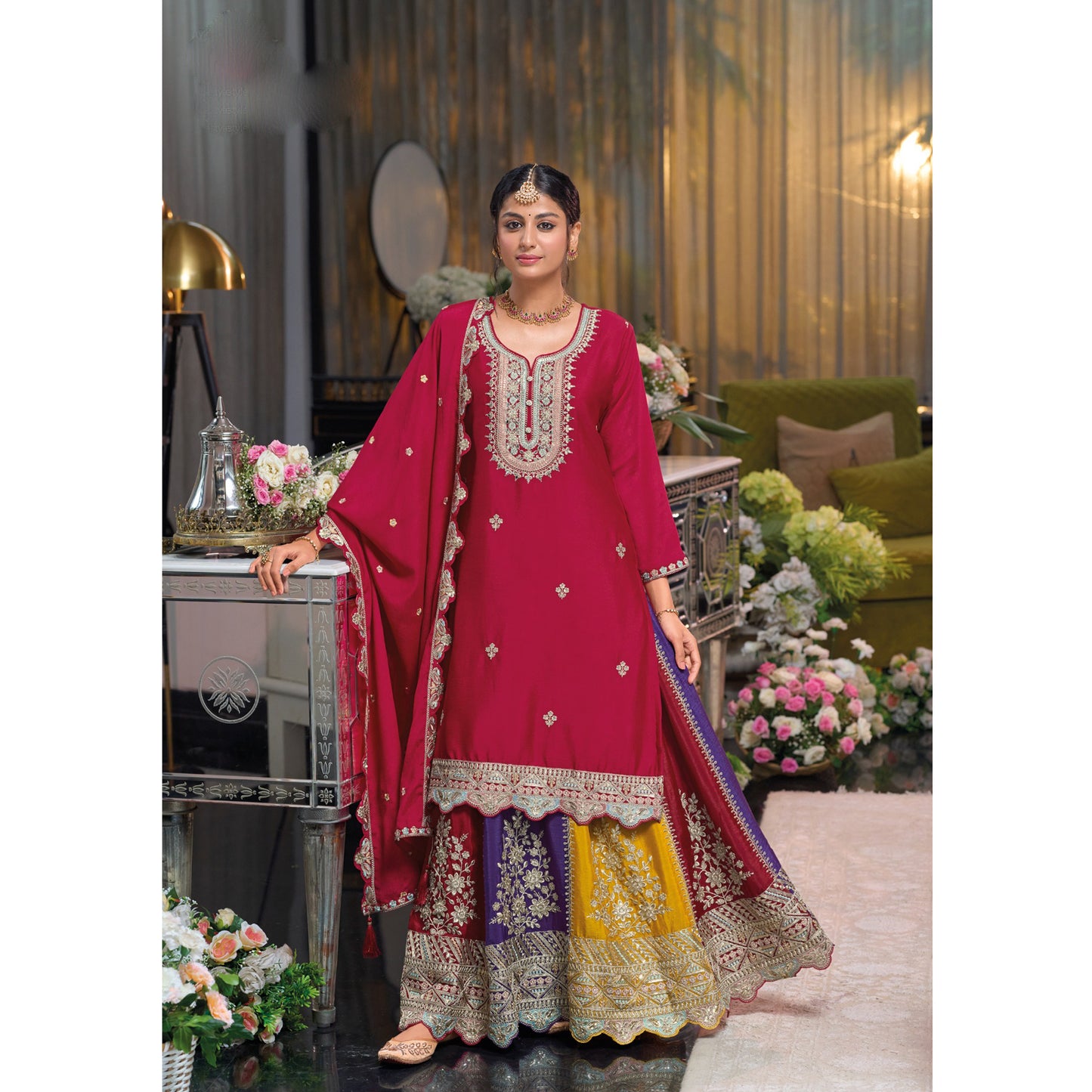 Pakistani Designer Wedding Special Heavy Chinon With Embroidery Work Salwar Kameez Skirt Suit