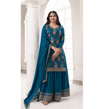 Teal Blue Color Gorgeous Designer Embroidery & Digital Printed Salwar Kameez Plazzo Suit