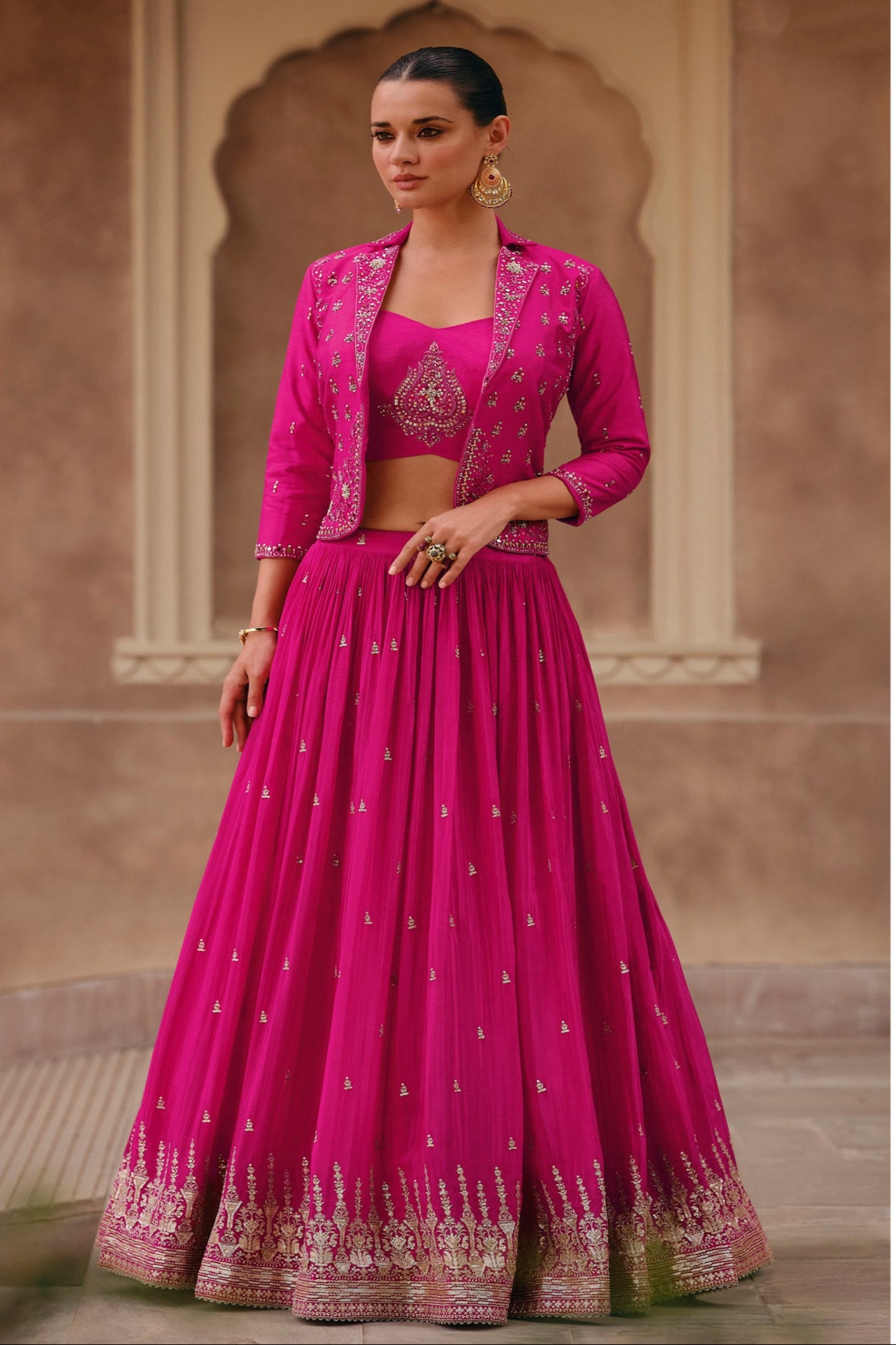 Event Wedding Designer Chinon With Organza Silk Shrug Lehenga Suits