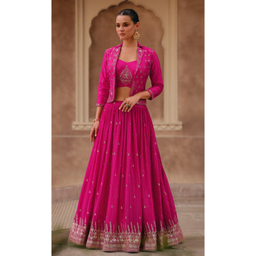 Event Wedding Designer Chinon With Organza Silk Shrug Lehenga Suits