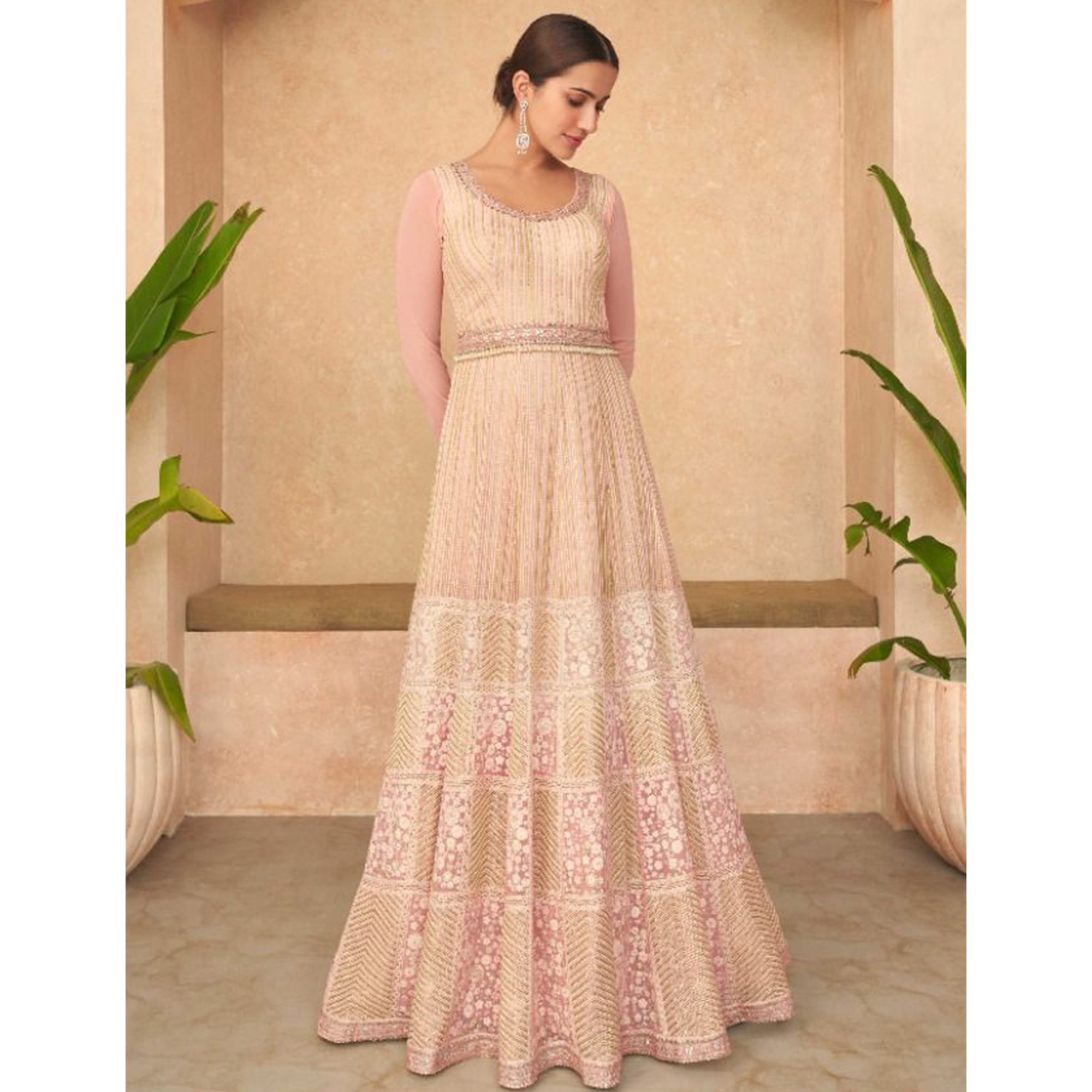 Bollywood Designer Peach Color Heavy Embroidery Work Function Wear Anarkali Gown Suits