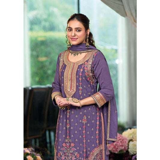 Attractive Designer Chinon Fabric Emboidery Work Salwar Kameez Plazo Suits