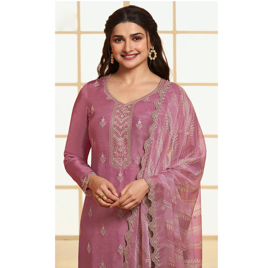 Light Pink Color Indian Wear Salwar Kameez Pant Suits with Organza Fabric Dupatta Dress