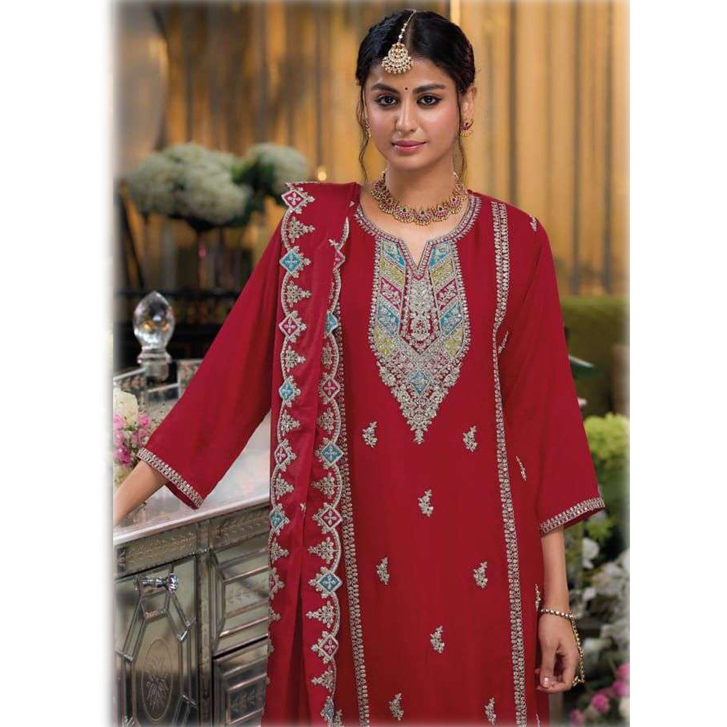 Pakistani Nikah Wear Chinon With Embroidery Work Heavy Silk Salwar Kameez Pant Suits