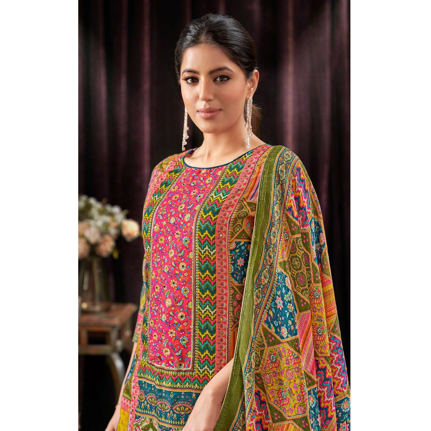 Gorgeous Designer Digital Printed & Mirror Work  Salwar Kameez Plazzo Pant Suit With Dupatta