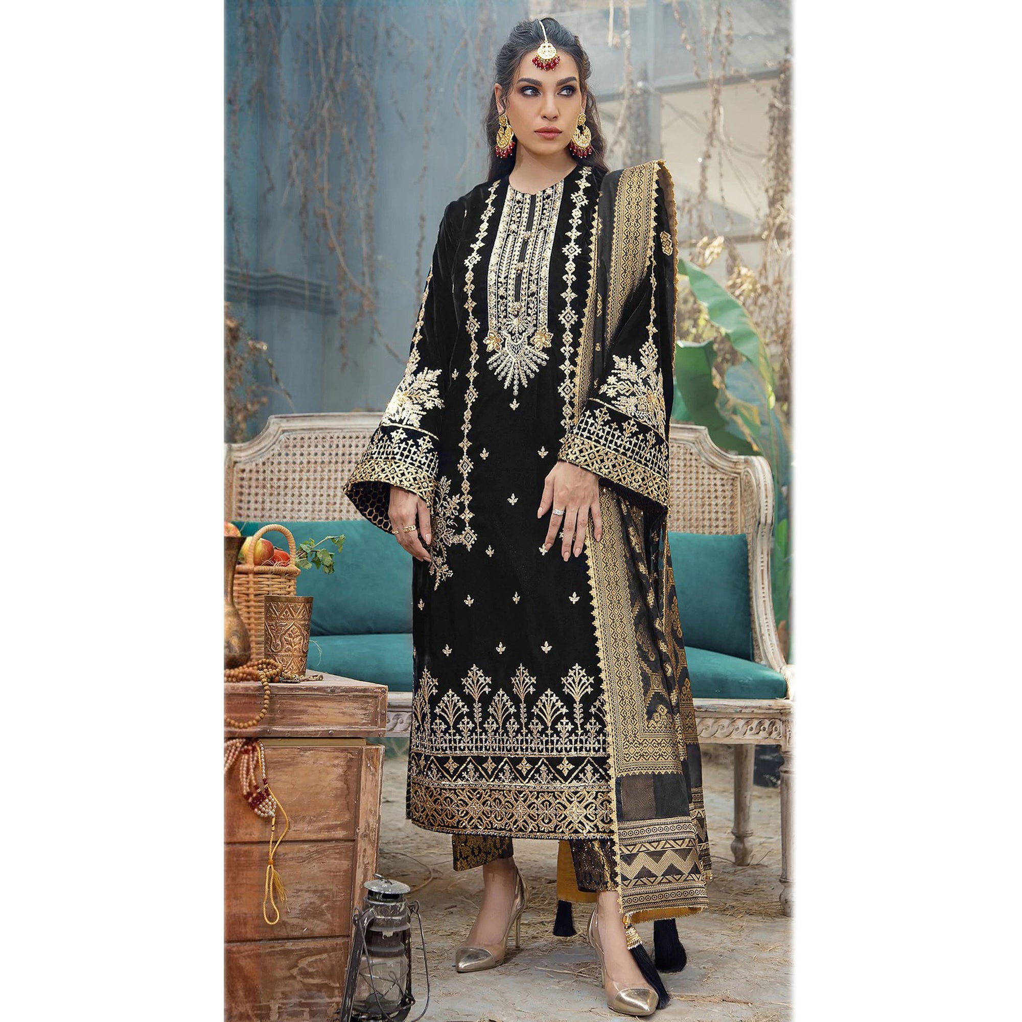 Eid Special Heavy Embroidery Sequence Work Shalwar Kameez Pant Suits With Jacquard Dupatta