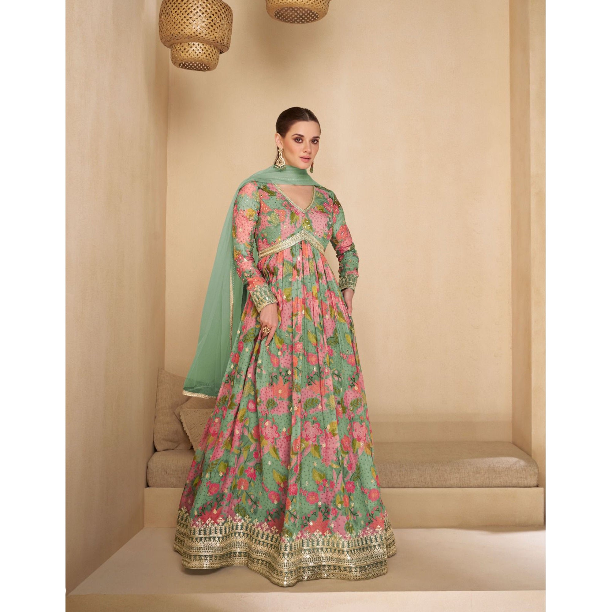 Awesome Designer Real Georgette Fabric With Santoon Silk Anarkali Gown Suits