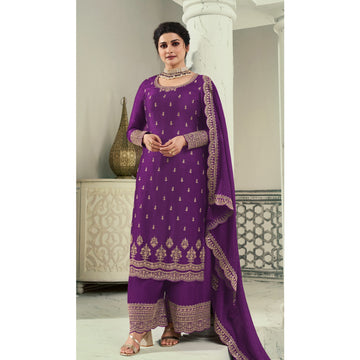 Heavy Embroidery Worked Georgette Fabric Roka Nikah Wear Purple Color Salwar Kameez Plazzo Suits