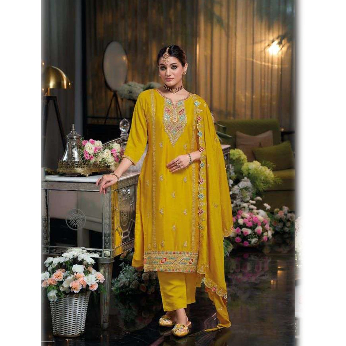 Pakistani Nikah Wear Chinon With Embroidery Work Heavy Silk Salwar Kameez Pant Suits