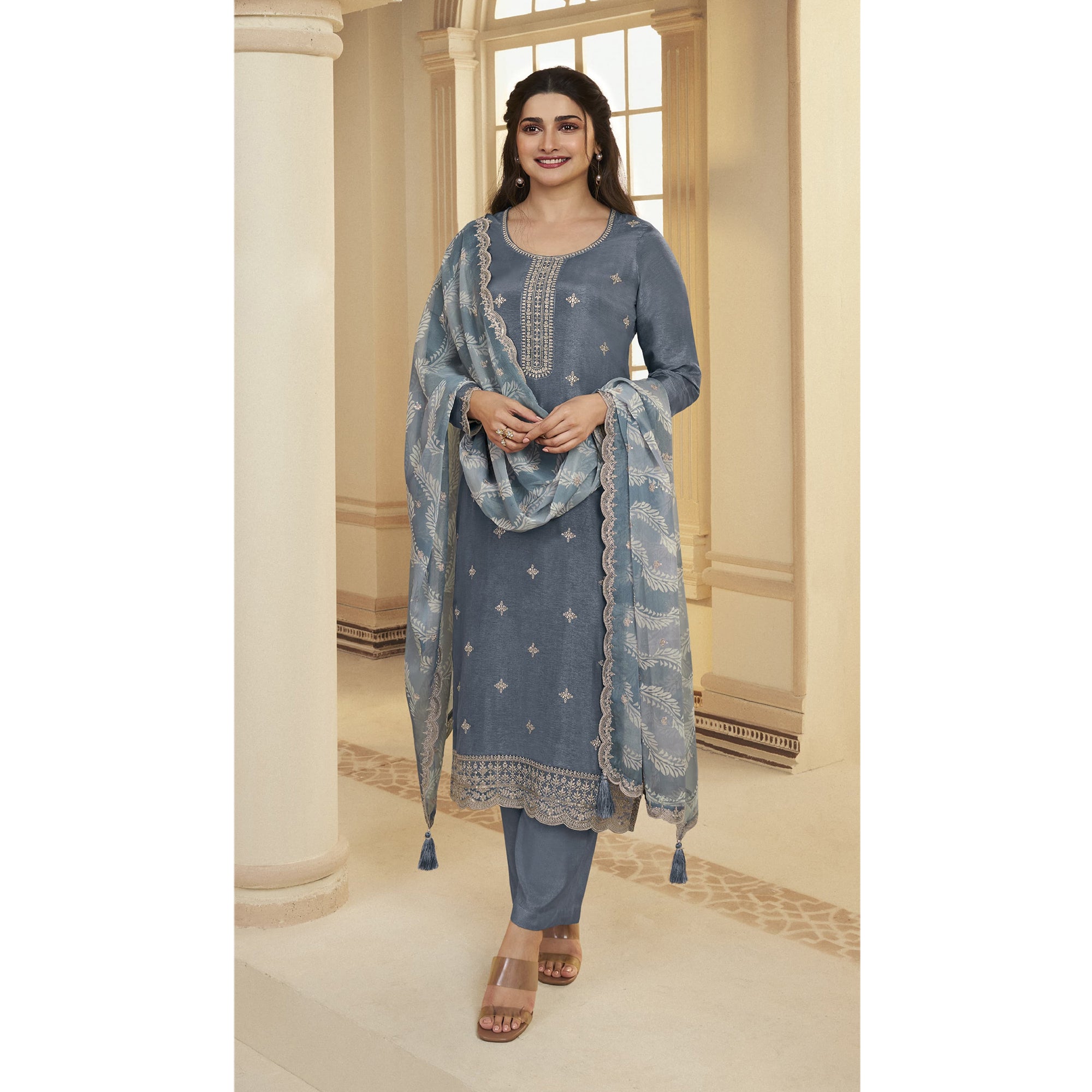 Bollywood Style Party Wear Salwar Kameez Pant Suits with Digital Printed Organza Dupatta