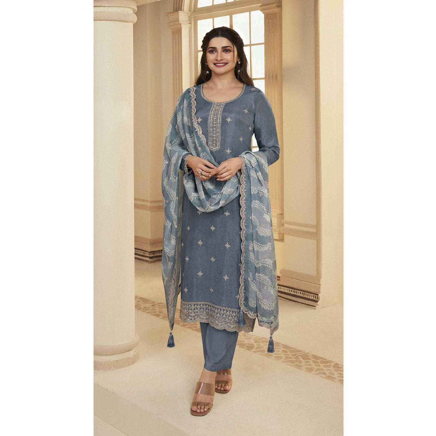 Pakistani Designer Embroidery Work Salwar kameez Palazzo Suit With Digital Printed Organza Dupatta