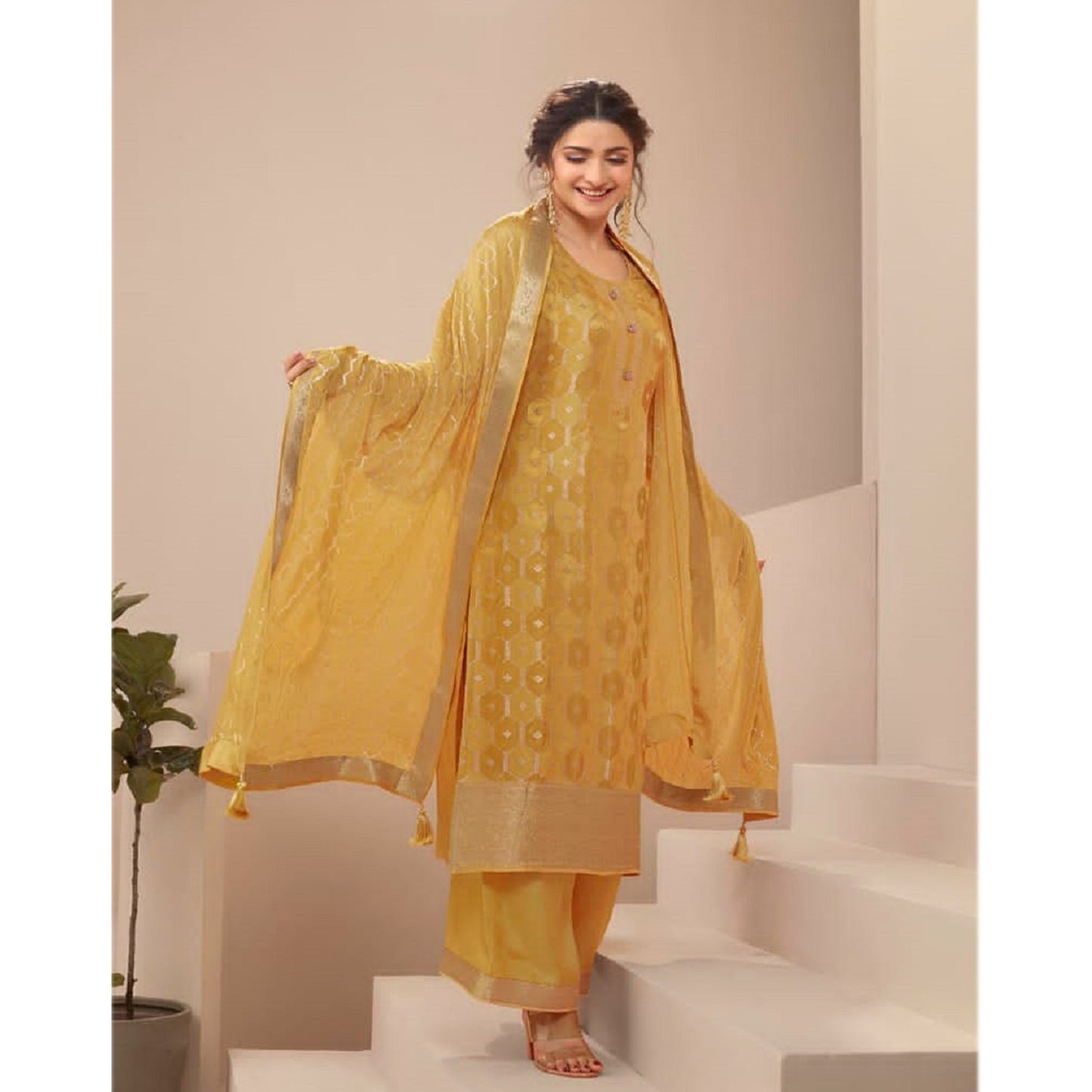 Beautiful Indian Designer Wear Yellow Color Salwar Kameez Suits Stitched Heavy Worked Plazzo Dress