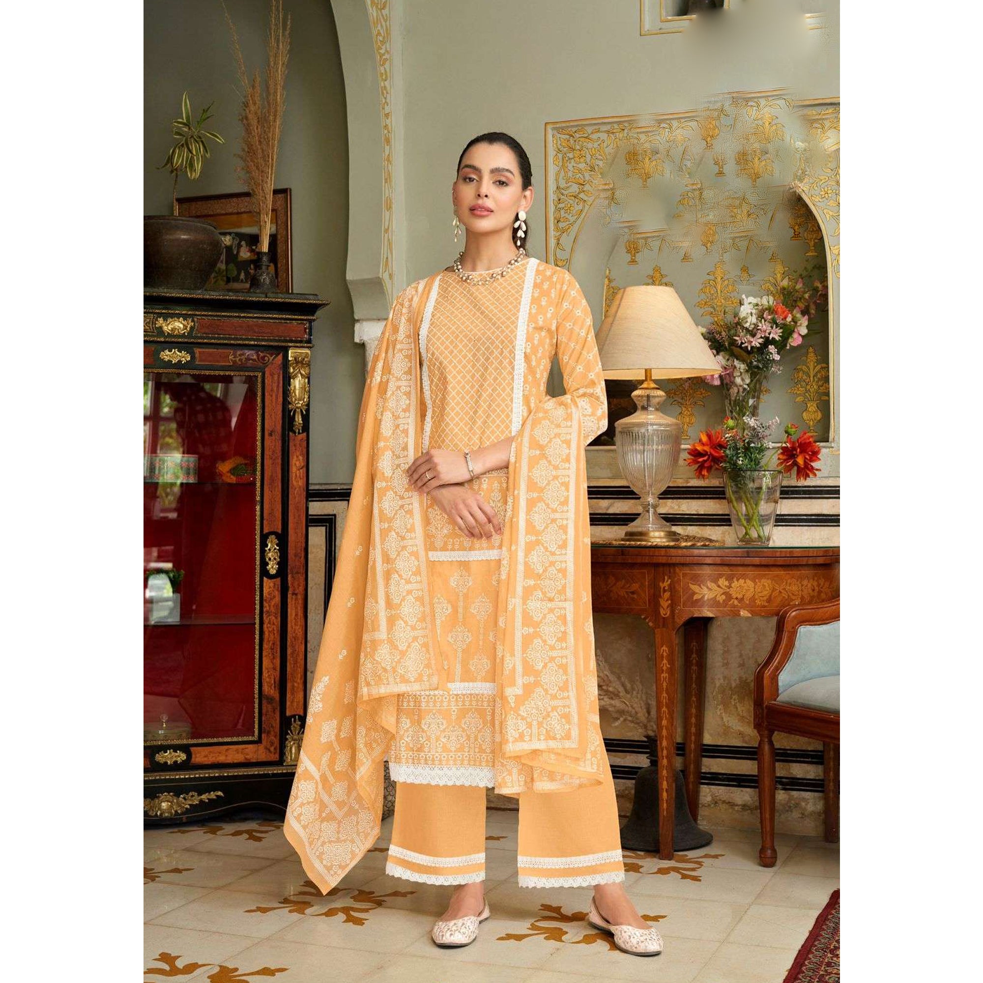 Pakistani Roka Wear Salwar kameez Palazzo Pant Suit's With Pure Mal Mal Cotton Print Dupatta