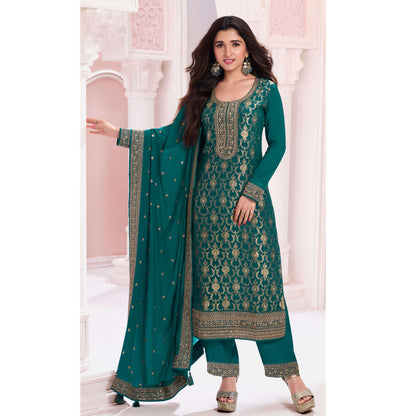 Women's Wear Embroidery Santoon Fabric Salwar Kameez Pant Suits With Chinon Dupatta