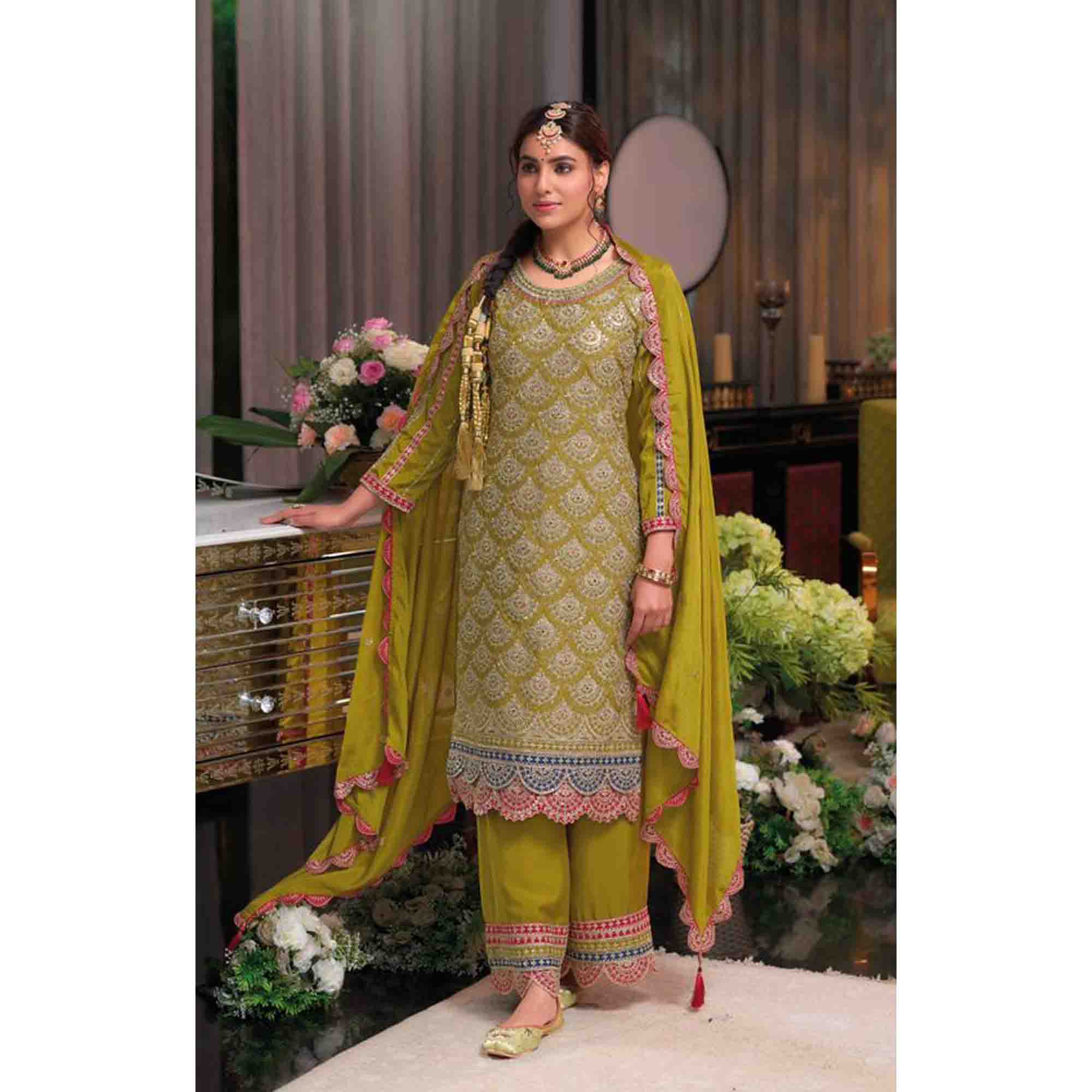 Pakistani Designer Chinon With Embroidery Work Wedding Function Wear Salwar Kameez Plazzo Suits