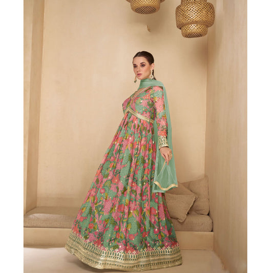 Awesome Designer Real Georgette Fabric With Santoon Silk Anarkali Gown Suits