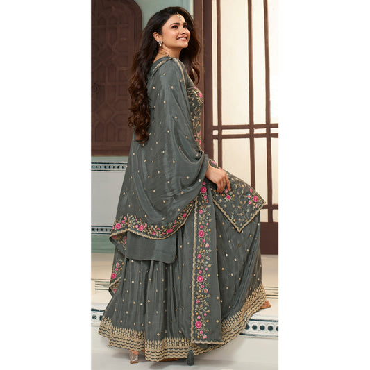 Grey Color Thread Embroidery Worked Muslim Roka Nikah Wear Salwar Kameez Plazzo Suits